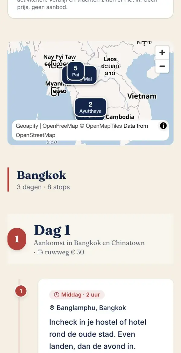 Kaart met de route en dag 1 in Bangkok