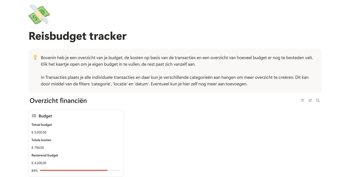 Reisbudget tracker met totaal budget, kosten, resterend budget en een voortgangsbalk