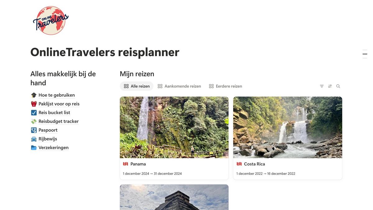 De homepagina van de reisplanner in Notion, met Mijn reizen en de lijst Alles makkelijk bij de hand
