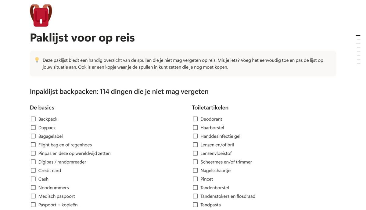 De paklijst met afvinkvakjes onder De basics en Toiletartikelen